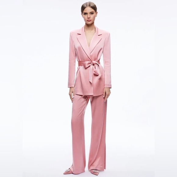 NWT $595 Alice + Olivia Karley Tie Belt Wrap Satin Blazer Coat - Picture 4 of 7